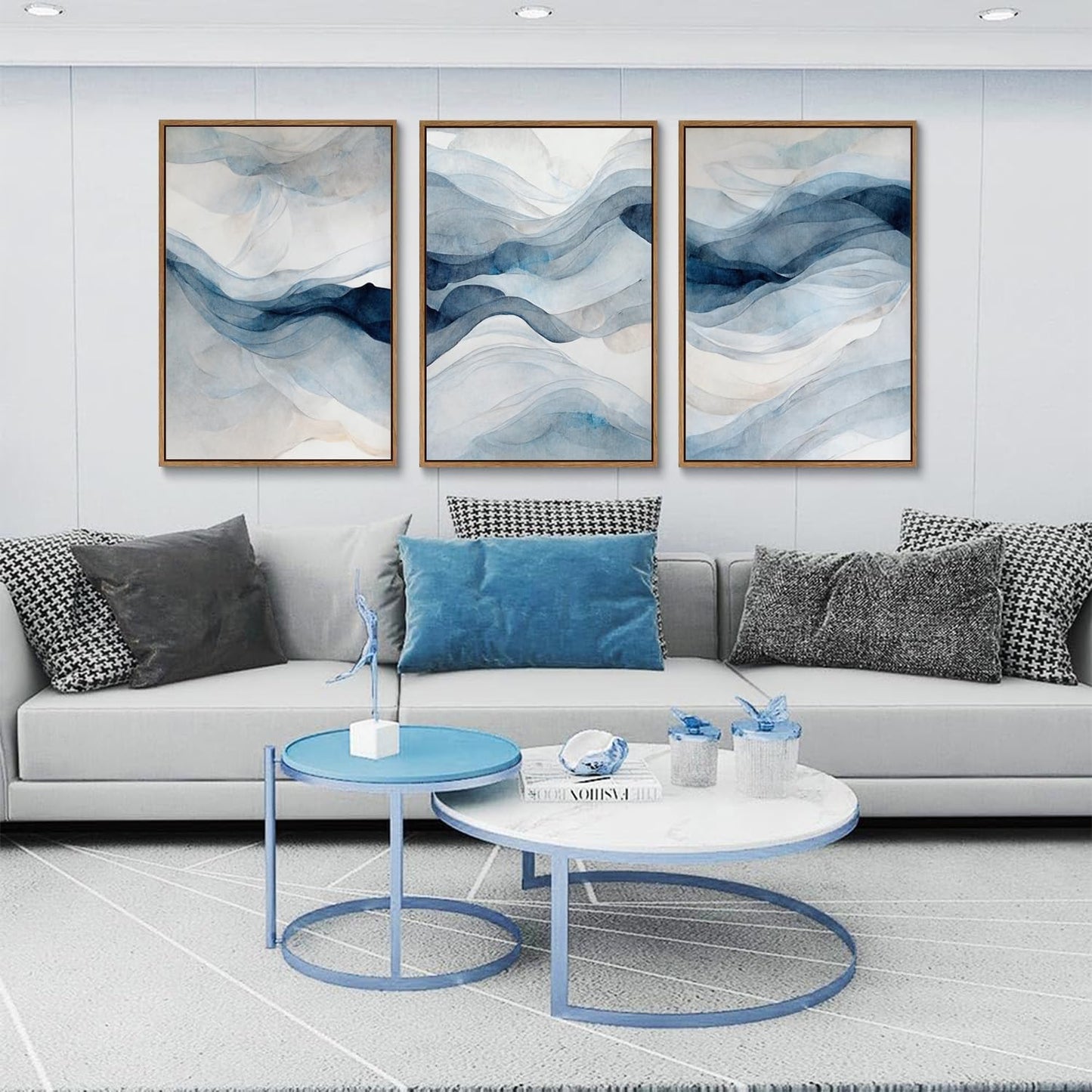 myusuar 3 Piece Large Abstract Framed Wall Art For Living Room, Smoke Texture Ink Navy Blue Canvas Wall Art Modern Minimalist Art Prints Wall Décor For Bedroom Office 24x36in