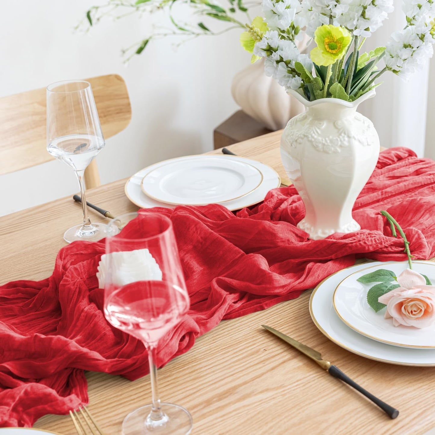Asee'm 2PCS Fall Table Runner Cheesecloth 10FT Red Boho Gauze Fabric Rustic Sheer Cheese Cloth Runners for Thanksgiving Christmas Wedding Bridal Shower Party