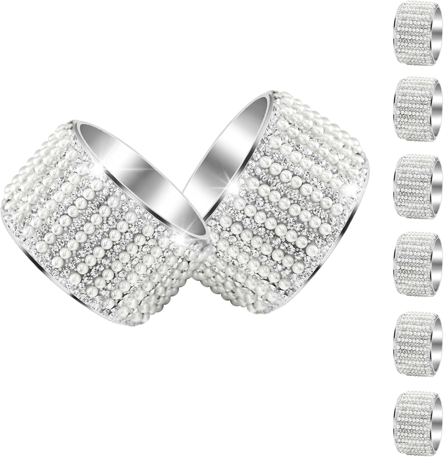 Diamond Pearls12cs Napkin Rings Rhinestone Crystal Glass Framed Napkin Holder Handmade Serviette Buckles for Christmas, Easter, Thanksgiving Day Wedding Banquet Home Party Decoration Dining Table