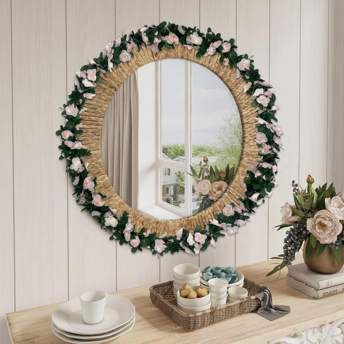 8Pcs 63Ft Light Pink Rose Garland, Fake Rose Hanging Flowers, Artificial Flower Vine, Hanging Floral Vine Garland for Wedding, Birthday Party, Wall Arch, Halloween, Christmas Garden Backdrop Decor