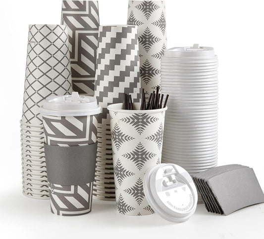 LITOPAK 100 Pack 20 oz Paper Coffee Cups with Lid, Sleeve, and Straws, Four Designs of Disposable Hot Coffee Cups for Home, Stores, and Cafes