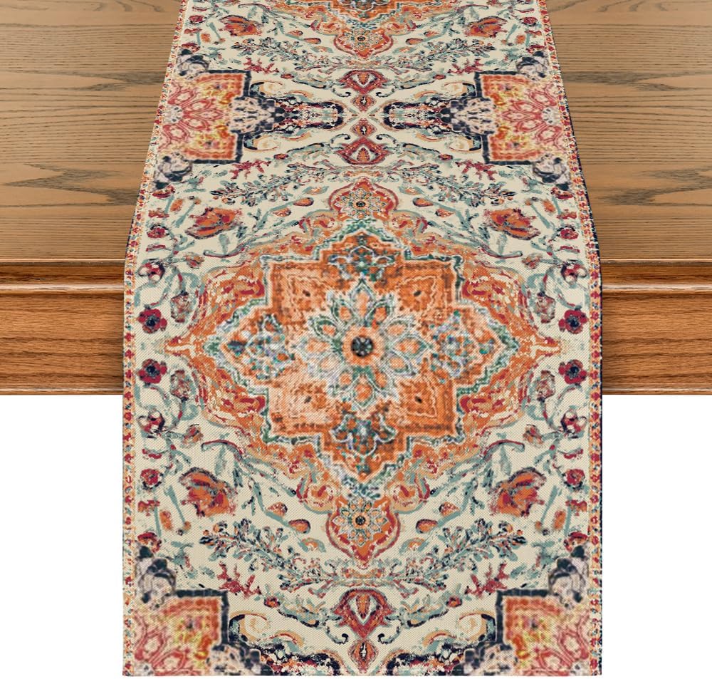 Artoid Mode Boho Bohemia Style Orange Table Runner, Country Rustic Farmhouse Magical Fall Kitchen Dining Table Decoration for Home Party Decor 13x48 Inch