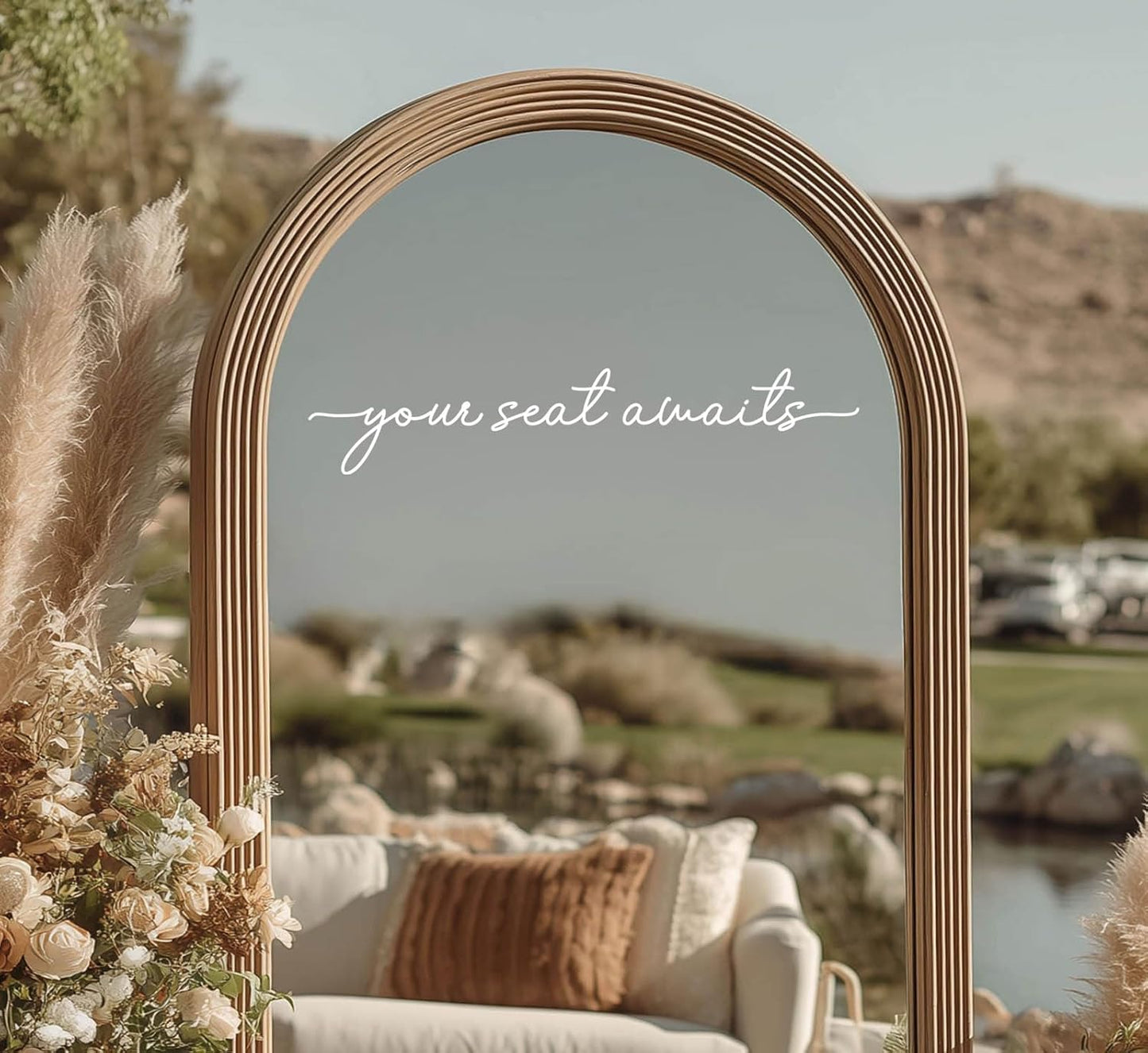 Your Seat Awaits Vinyl Decal, Wedding Seating Sticker, Mirror Decal for Seating, Please Find Your Seat Signs, Wedding Decor Sign (White, Width 20")