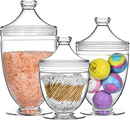 Acrylic Apothecary Jars with Lids, 3-Piece Vanity Organizer Canisters, Storage Container Jars for Bathroom, Laundry Room, Kitchen, Candy Buffet