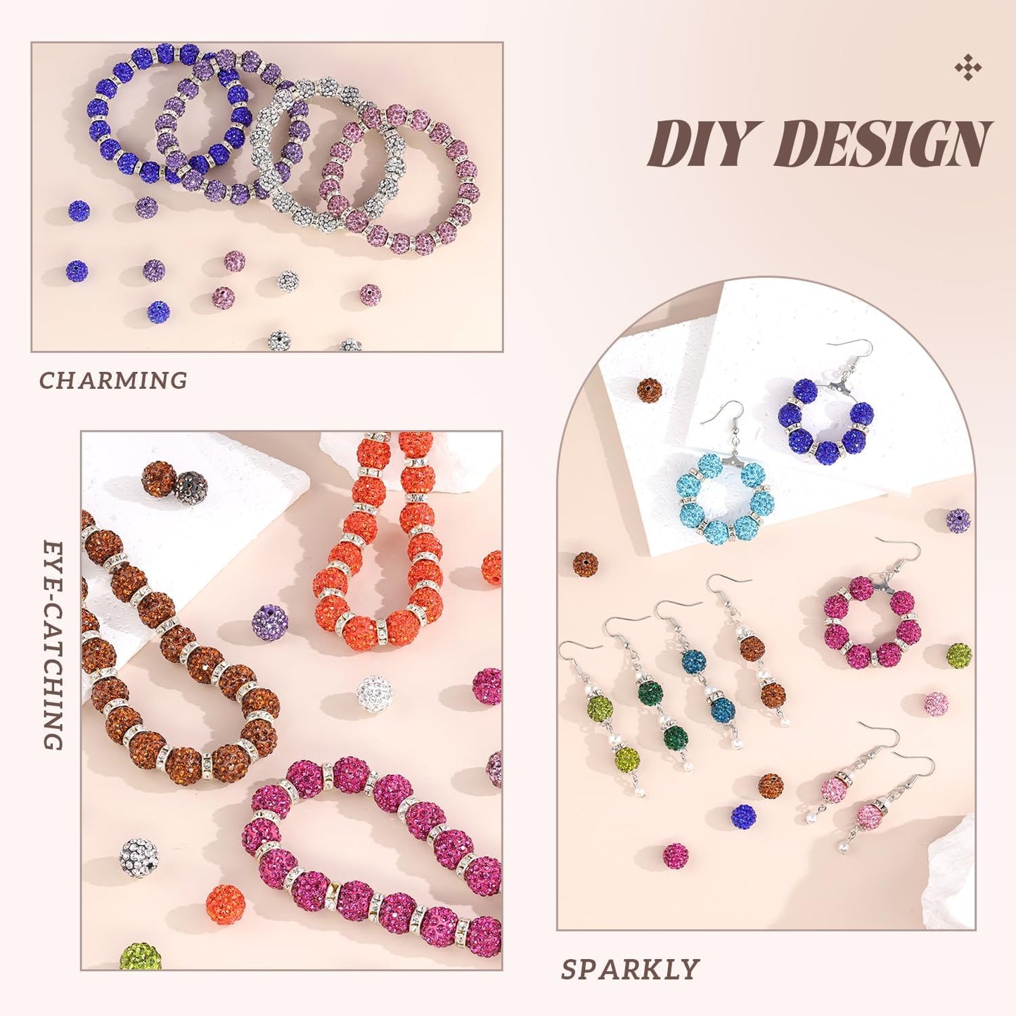 160pcs 10mm Rhinestone Beads for Jewelry Making, Black Mixed Shiny Round Disco Ball Beads Bulk, Sparkle Crystal Clay Christmas for Bracelet Baseball Necklace Earring Crafting and DIY