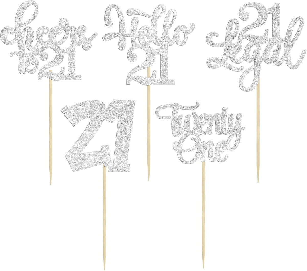 30pcs 21st Birthday Cupcake Toppers - Twenty One Legal 21st Cupcake Picks - Cheers to 21 Years Old - Silver Glitter Cake Decorations