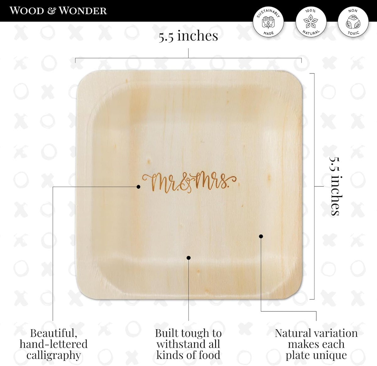 Mr. and Mrs. Disposable Wedding Plates – Rustic, Compostable Alternative to Plastic Plates for Wedding Receptions, Engagement Parties, and Rehearsal Dinners (Appetizer, 50-Pack)
