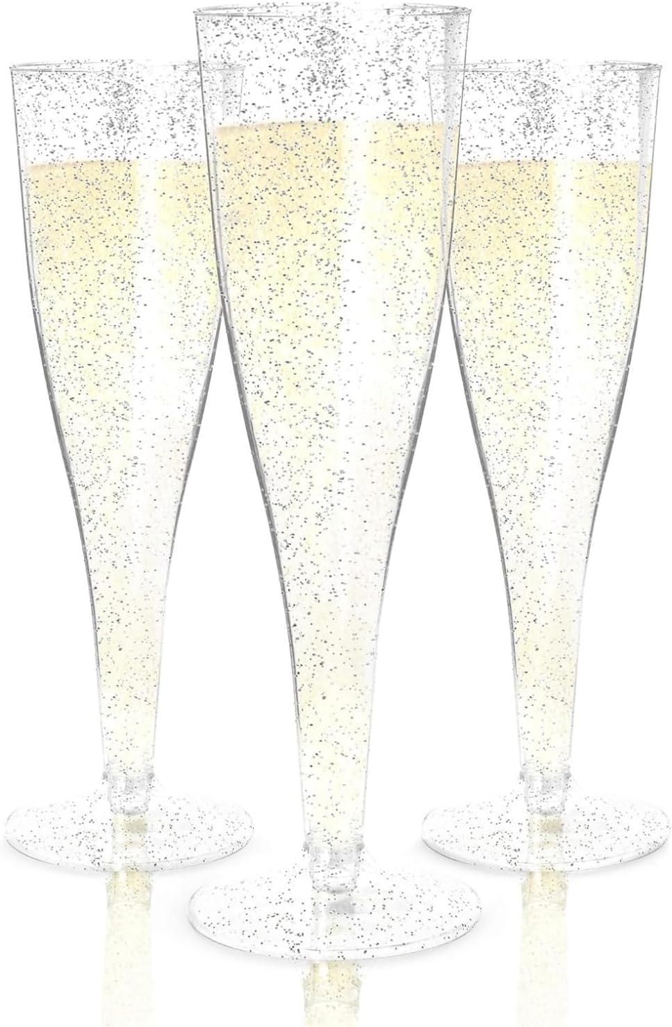 Prestee 24 Champagne Flutes Plastic - Disposable Flute - Silver Glitter Plastic Glasses for Parties - Mimosa Bar, Wedding, Shower Party, New Years Eve Party Supplies 2025 (Silver)