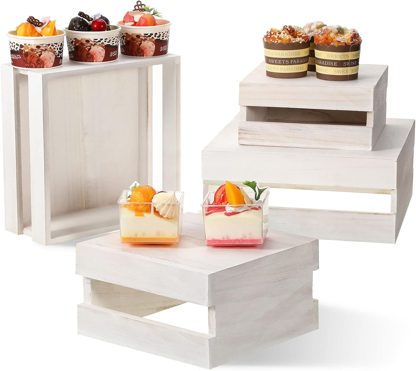 Sieral 4 Pieces Wood Cupcake Display Stand Decorative Dessert Appetizer Cake Stand Risers Wooden Crate Rustic Cake Risers for Storage for Party Christmas Halloween Wedding Decor(Vintage White)