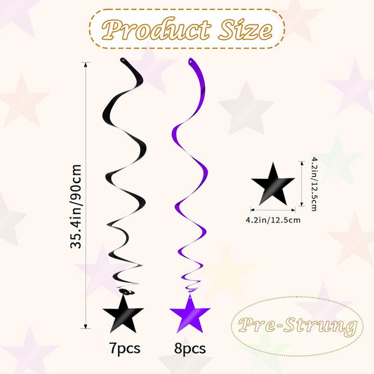 BEISHIDA Black Purple Star Halloween Hanging Swirl Decorations, Halloween Party Supplies for Horror Party Wedding Baby Shower Birthday Decorations,Pack of 15