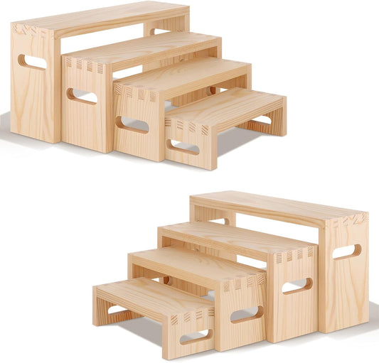 8 Pcs Wood Risers Display Stands, 2 Set Wooden Risers for Table Display, 4 Tier Rectangular Riser Display Stand Wooden for Cupcake, Desserts, Perfume, Collections, Jewelry Showcase (Nature)