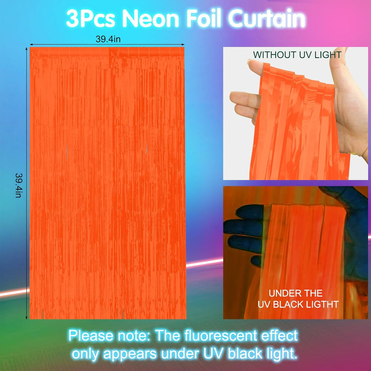 3 Pack 3.3Ft x 6.6Ft Orange Glow in The Dark Foil Fringe Curtain Backdrop Party Supplies, Fluorescent Macaron Metallic Tinsel Foil Streamers Curtain Photo Booth for Neon Birthday Party Decorations