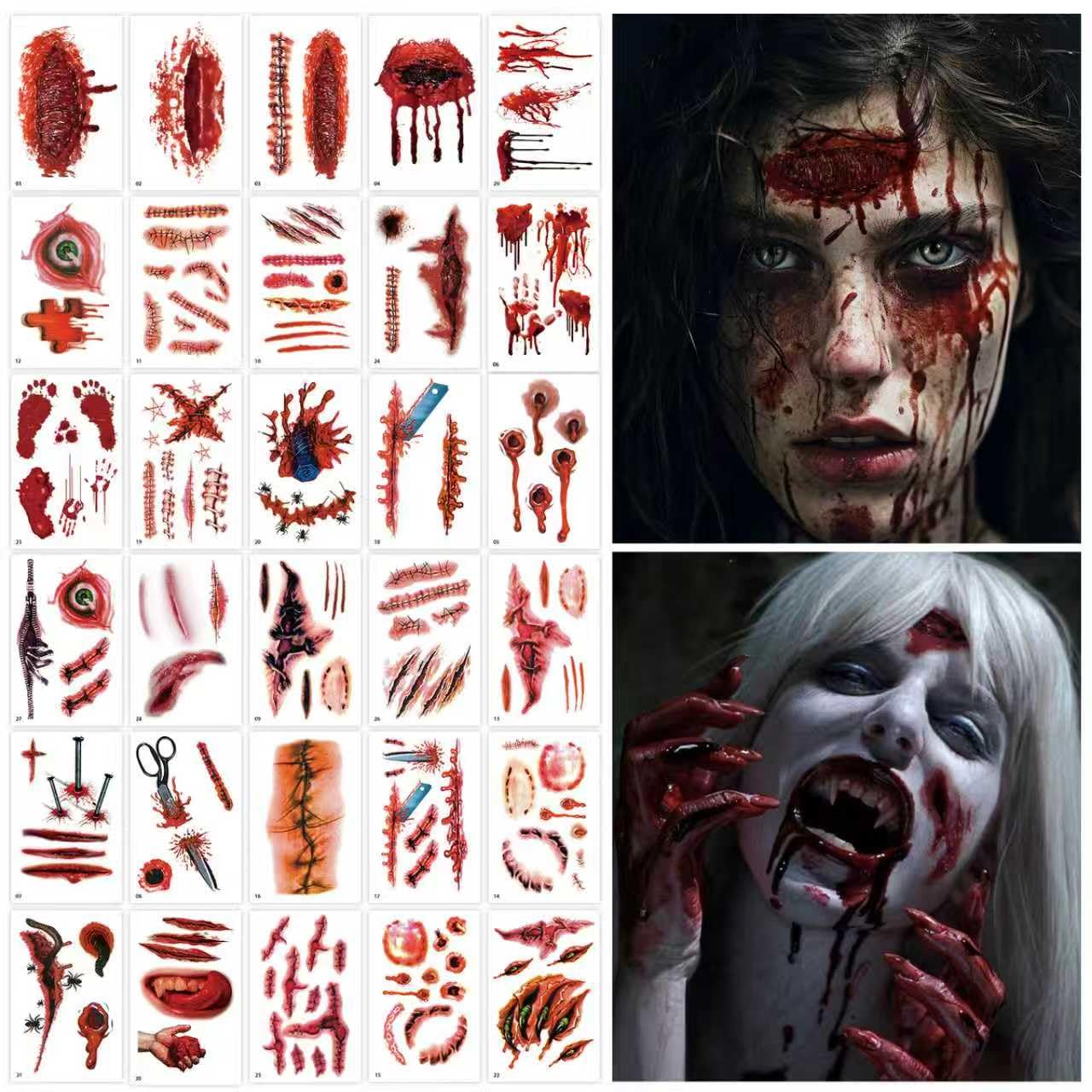 30 Sheets Scar Tattoos Temporary Halloween Makeup Kit, Large Size Fake Chucky Scars Stitches Bloody Wound Vampire Zombie Tattoos, Realistic Stitch Stickers for Men Women Kids Cosplay Party Prank