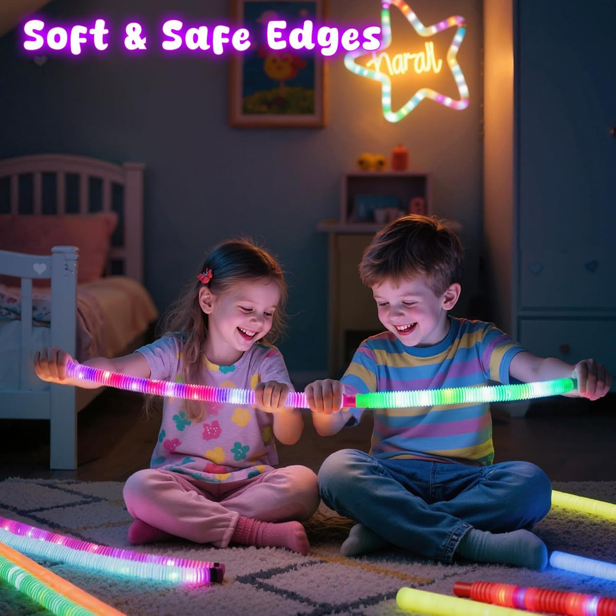 LovesTown 12PCS Glow Sticks Party Favors for Kids, Glow in the Dark Party Supplies, Light Up Pop Tubes for Toddlers Halloween Christmas Birthday Dance Camp, Goodie Bags Stuffers