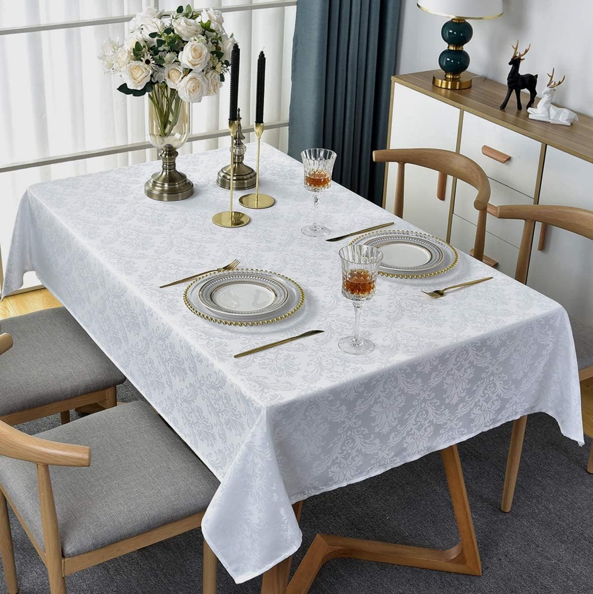 Rectangle Table Cloth - 60 x 120 Inch White Jacquard Tablecloths Damask Design Spillproof Wrinkle Resistant Shrinkproof Soft Tablecloth Polyester Oblong Table Cover for Kitchen Dinning Party Tabletop