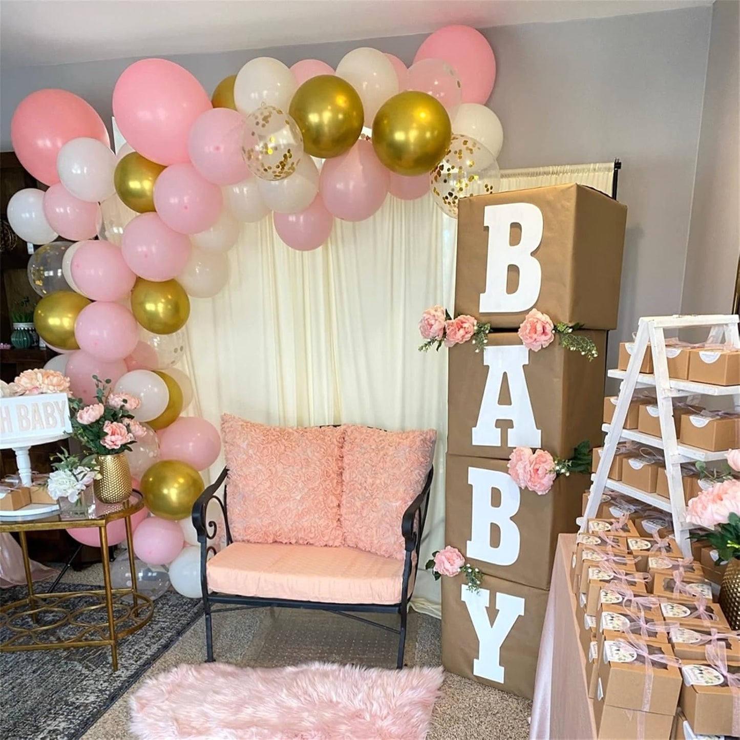 Balloons Pink White Gold, 12 Inch Pastel Pink Pearl White Metallic Chrome Gold Confetti Latex Balloons, Baby Pink Gold Party Balloons Set for Girls Baby Shower Birthday Princess Party Decorations