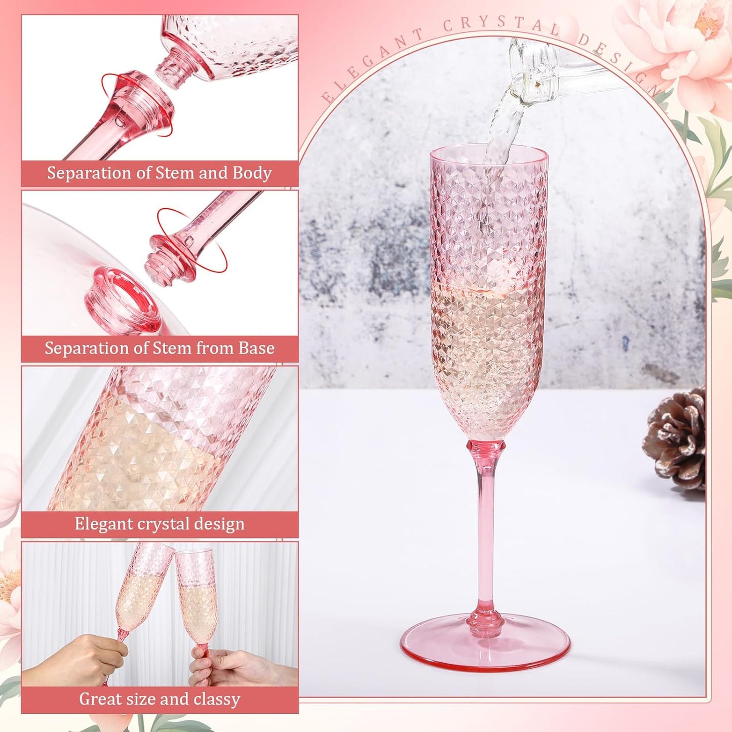 Remerry 48 Pack Detachable Plastic Champagne Flutes 5.5 oz Champagne Glasses Bulk Disposable Mimosa Glasses Reusable Wine Cups for Wedding Toasting Baby Shower Birthday Party New Years (Pink)