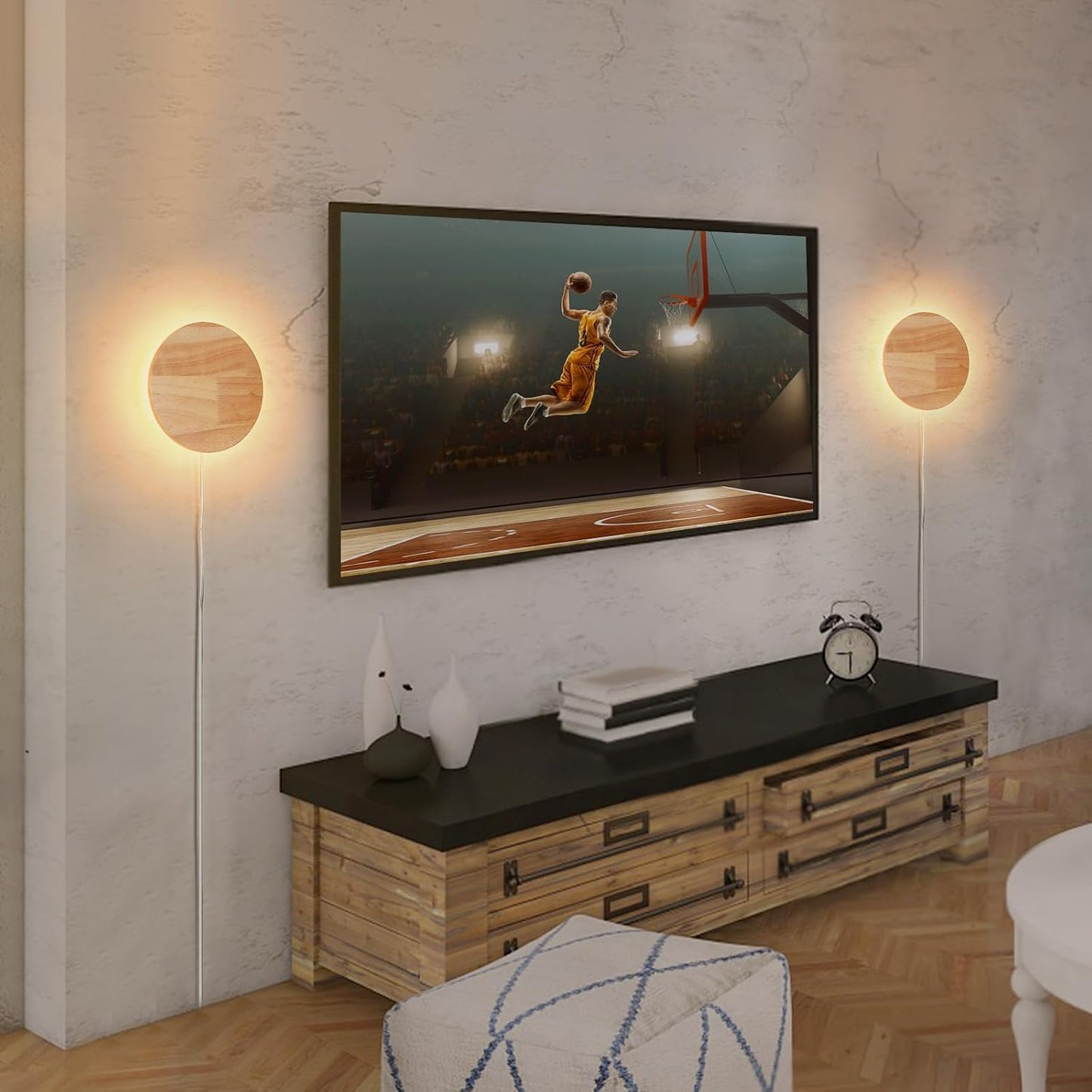 Modern Minimalist Plug in Wall Sconces, Plug-in Or Cordless 7.9'' Round Wood Backlight LED Wall Lamp, 12W, 1300LM Warm White Brightness Wall Light Fixtures for Bedroom, Living Room Wall Décor