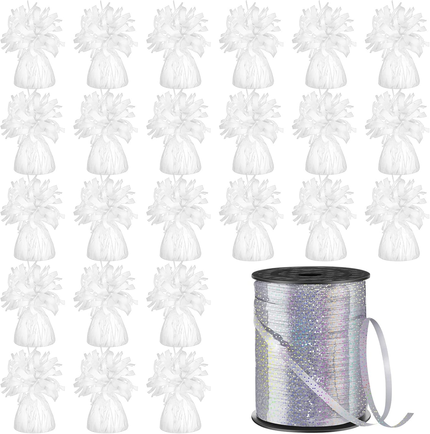 24 Pcs Balloon Weights Metallic Anchor Balloon Holder for Helium Balloons Heavy Table Weights and 1 Roll Iridescent Crimped Ribbon for Birthday Wedding Halloween Christmas Party(Silver, White)