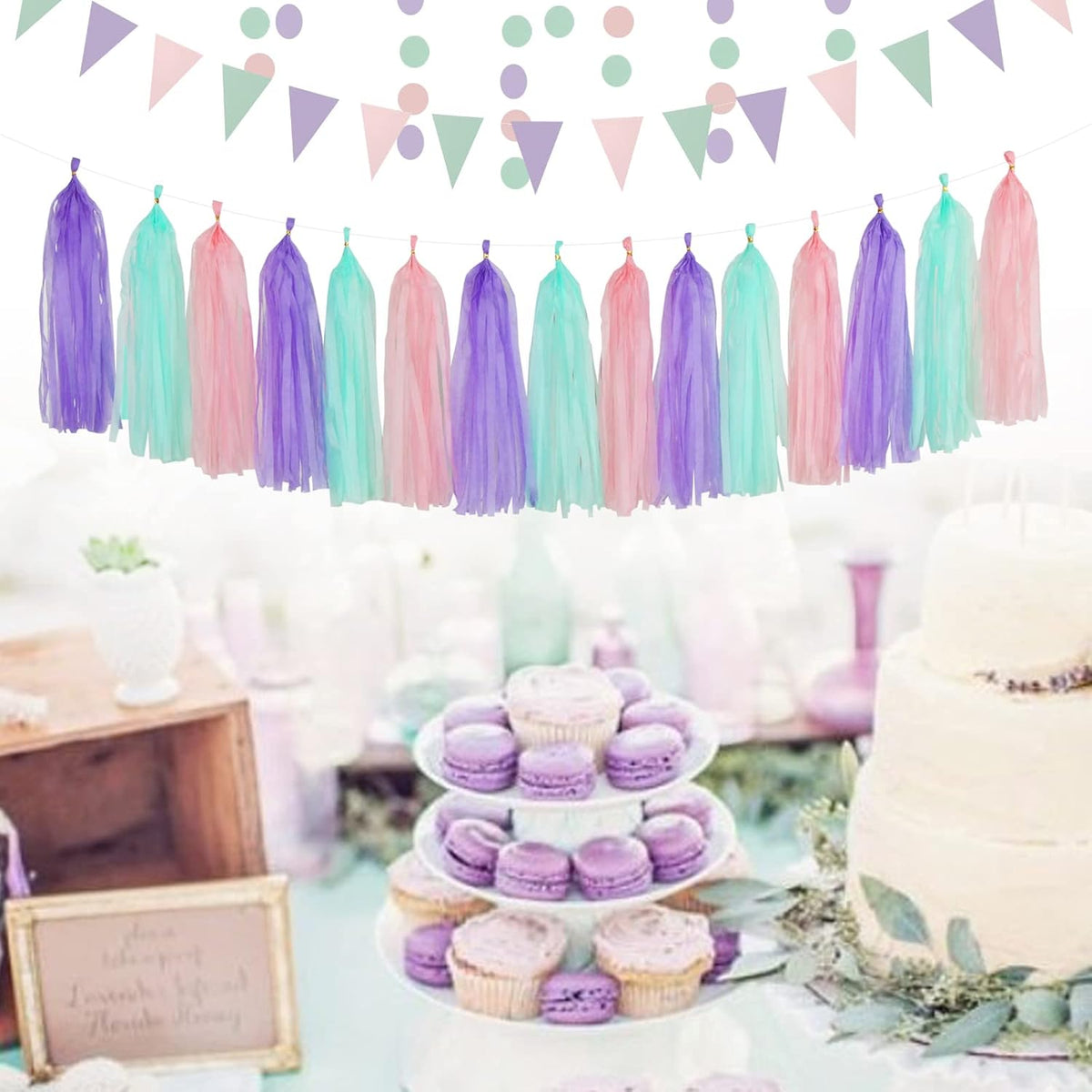 Pink-Purple Mint Mermaid Ocean-Themed Party-Decorations - 15pcs Tassel Garland Streamers Wedding Birthday Engagement Baby Bridal Shower Tassels Banner Decor Panduola