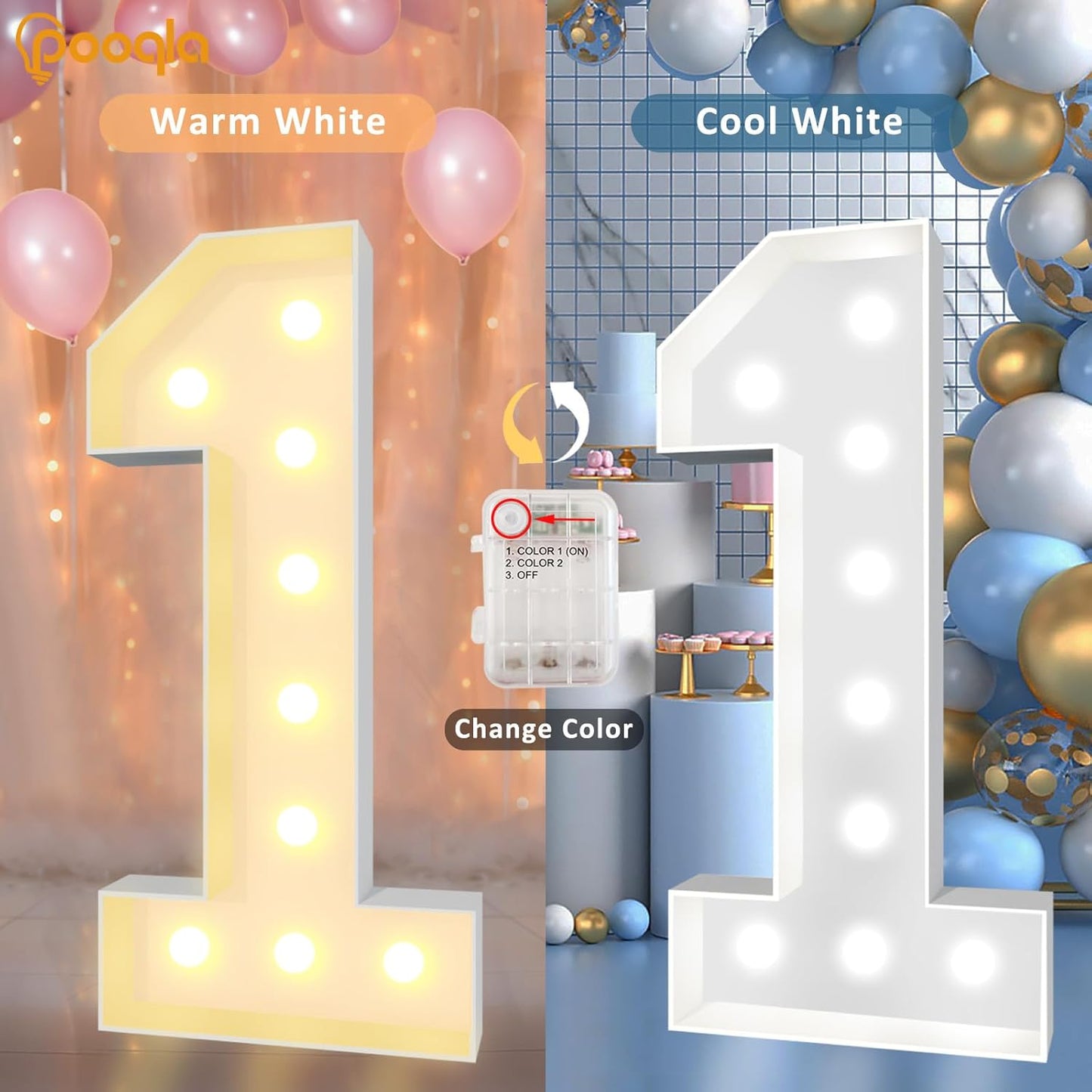 Pooqla 4 FT Light Up Marquee Numbers, Giant Mosaic Number Cool White and Warm White LED, Large Lighted Marquee Numbers for Balloons 7th 17th 70th Birthday Party Decoration, LED 7