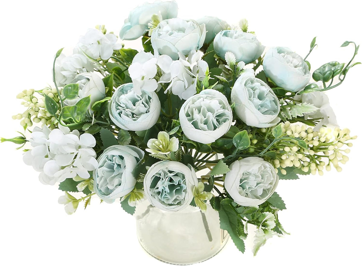 Artificial Flowers Fake Peony Silk Mini Plastic Bridal Flowers for DIY Wedding Bouquets Home Decorations 2 Packs(Light Blue)