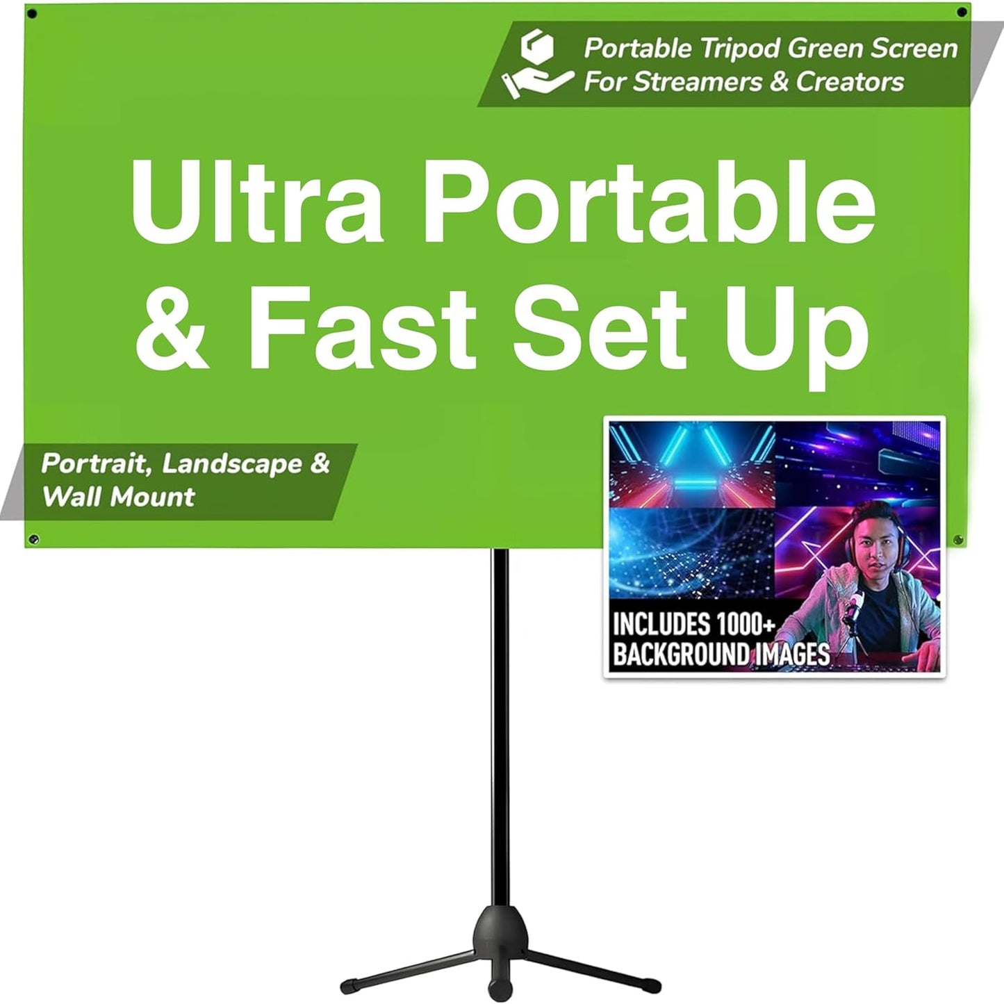 Valera 90in Green Screen Backdrop with Stand for Streaming, Ultra Portable 2 Min Setup, Portrait & Landscape, Tripod & Wall Mount, for Tiktok Zoom Video Meetings & More, +1k Free Backgrounds Included