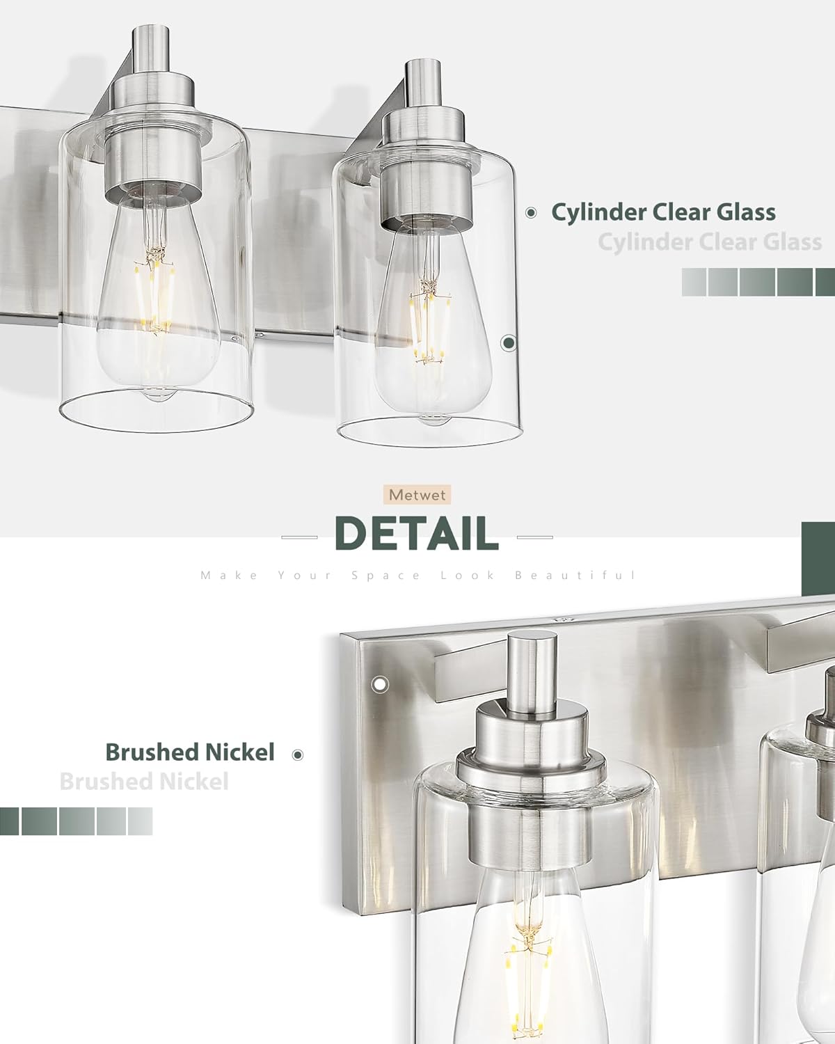 4-Light Bathroom Light Fixtures, Brushed Nickel Vanity Light with Cylinder Clear Glass Shade, Modern Vanity Lighting Fixtures Over Mirror, VL143-BN-4