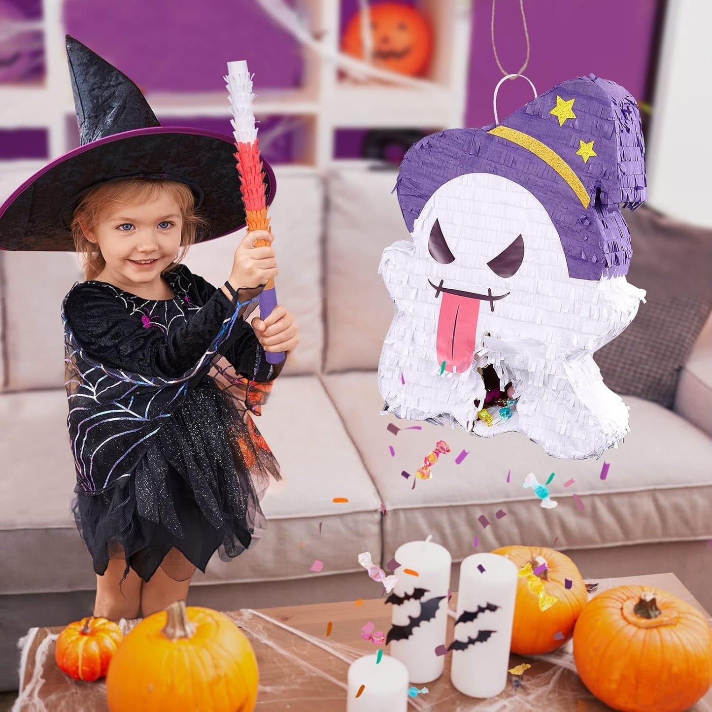 WERNNSAI Halloween Ghost Pinata - Halloween Ghost Party Games Decorations for Kids Baby Hallo-ween Costumes Party Supply Haunted House Ghost Decorations with Bat Blindfold