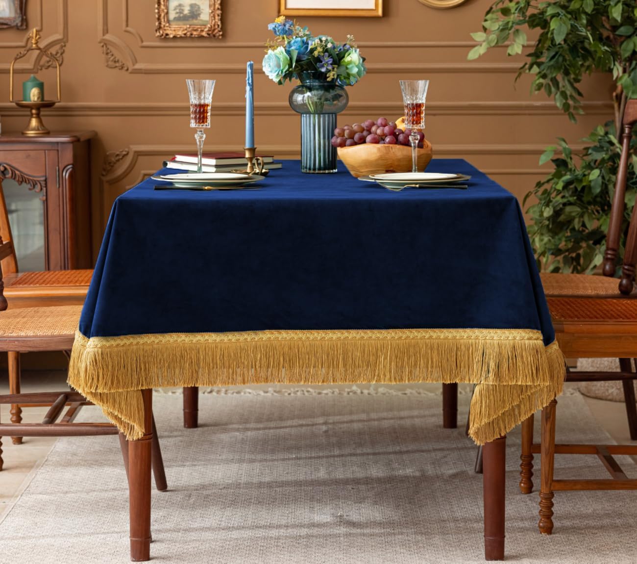 F-CHU Blue Tablecloth Thickset Velvet Tablecloth with Beautiful Gold Tassels Vintage Table Cloth for Home Decor Wedding, Party, Banquet and Events 67x120-Inch
