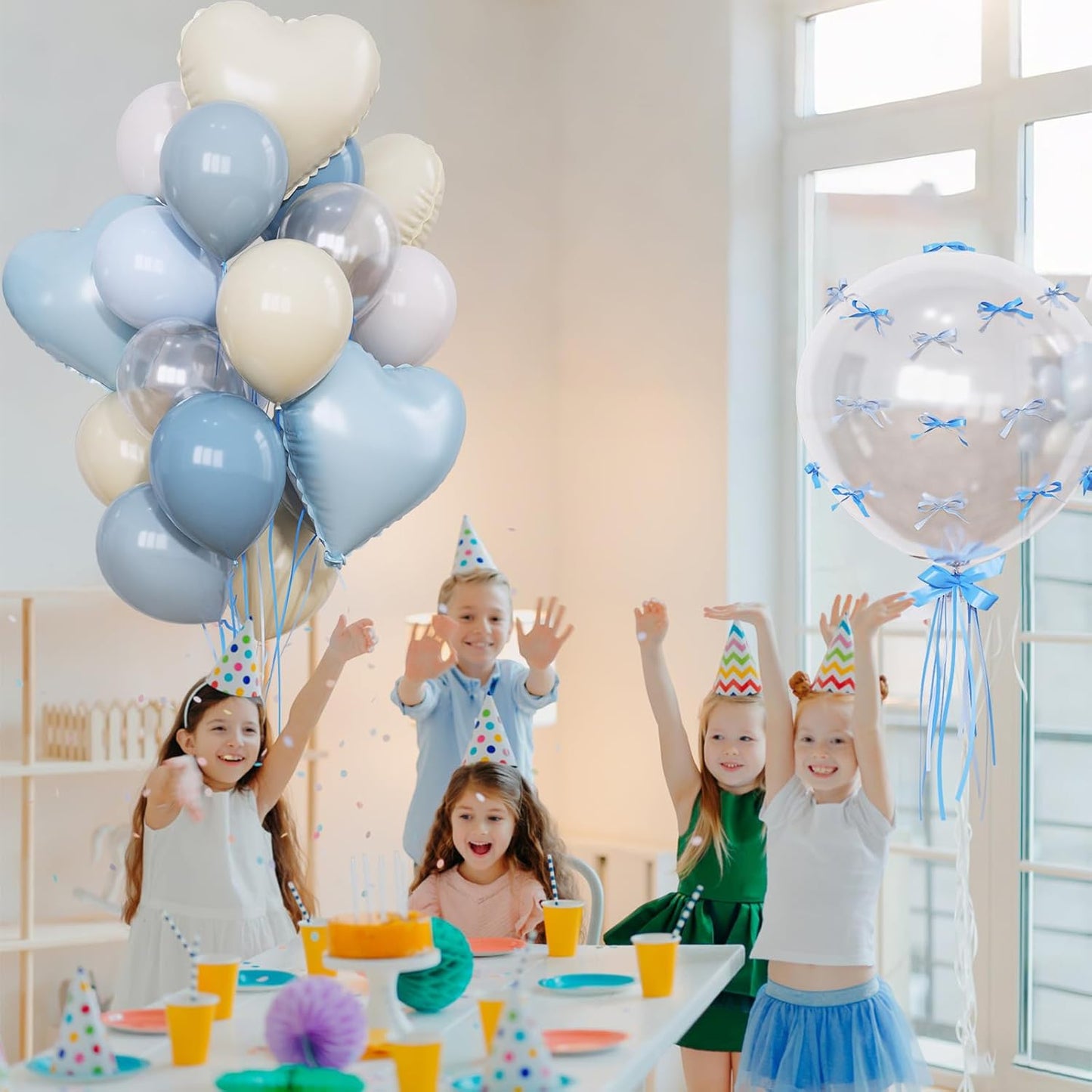 Blue Nude Balloons Heart Mylar Balloons, Happy Birthday Decoration for Boys Kids Baby Shower, Light Baby Dusty Blue Cream Balloon 18 in Clear Heart Shape Foil Balloon as Bride Christening Party Decor