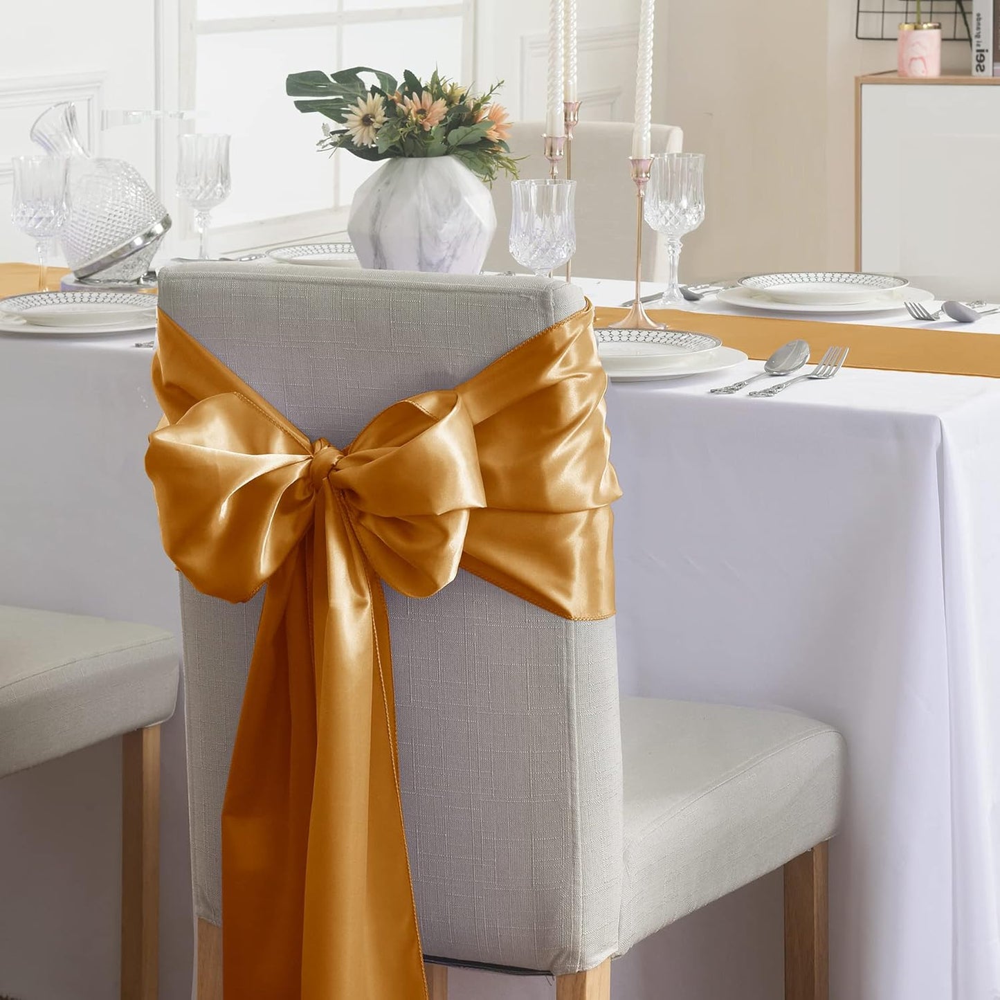 12Pack Table Runner 12 x 108 Inches Satin Silk Table Runner for Wedding, Birthday Party, Banquets, Graduations Decoration, fit Rectange and Round Table-Gold