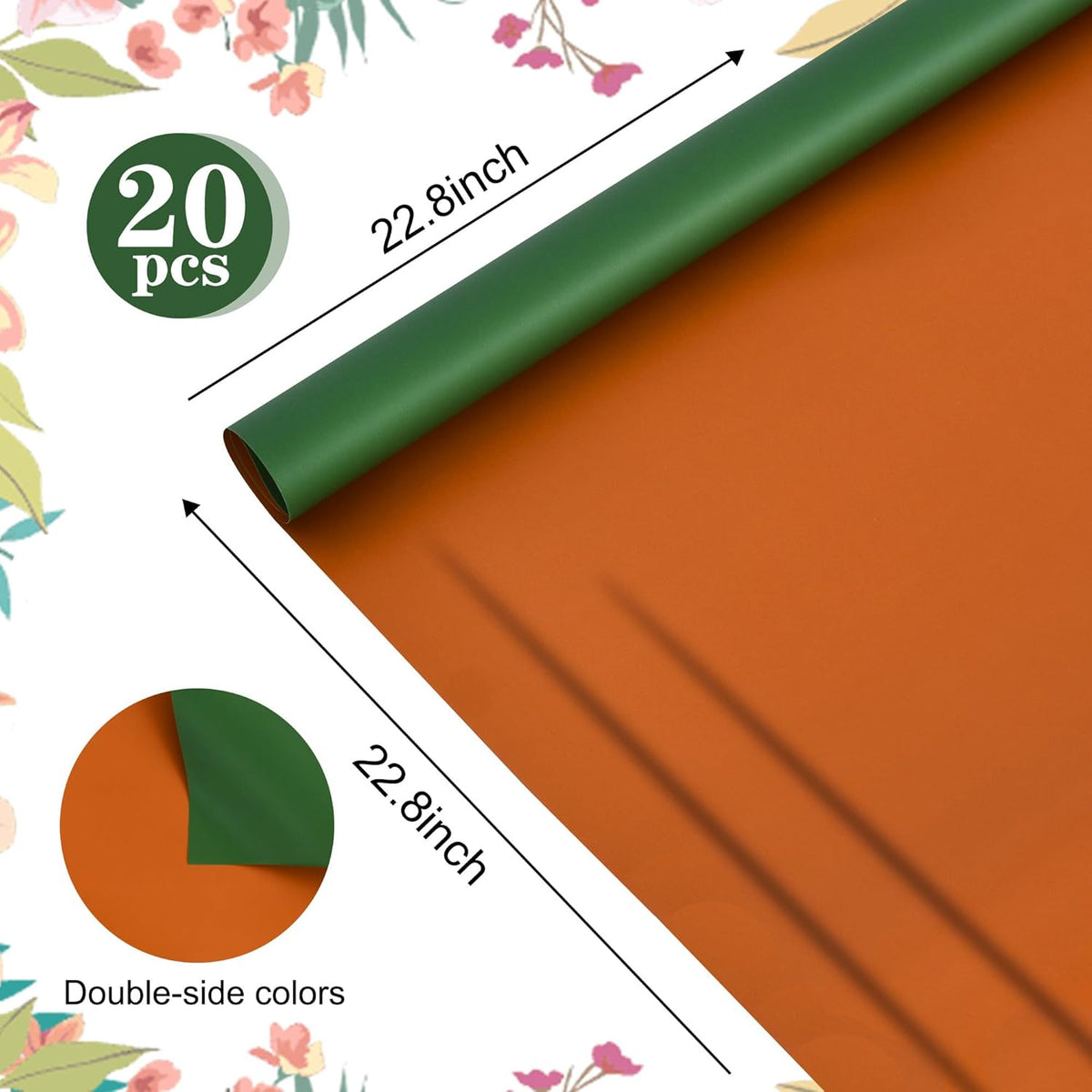 BEISHIDA 20Pcs Green and Brown Double Sided Floral Wrapping Paper Matte Waterproof Flower Bouquet Wrapping Paper for Floral Wrap Florist Packing Supplies Birthday Valentine's Christmas Gift Wrapping