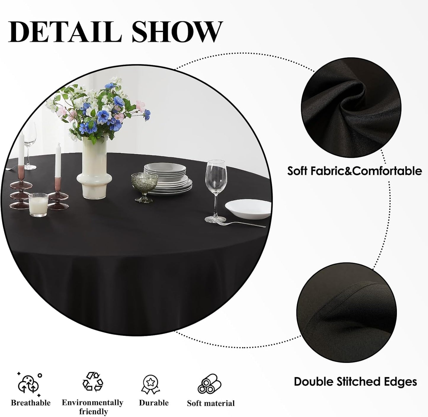 Round Tablecloth 2 Pack 108 Inch Black Tablecloths Washable Decorative Linen Polyester Table Clothes Cover for Dining Table Banquets Buffet Parties and Wedding