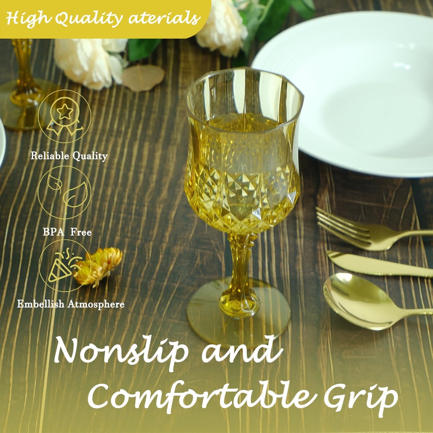 Plastic Wine Glasses，Plastic Goblets Vintage Style Cordial Drinking Glasses for Wedding Reception, Grand Event Party Supplies (12, Gold)