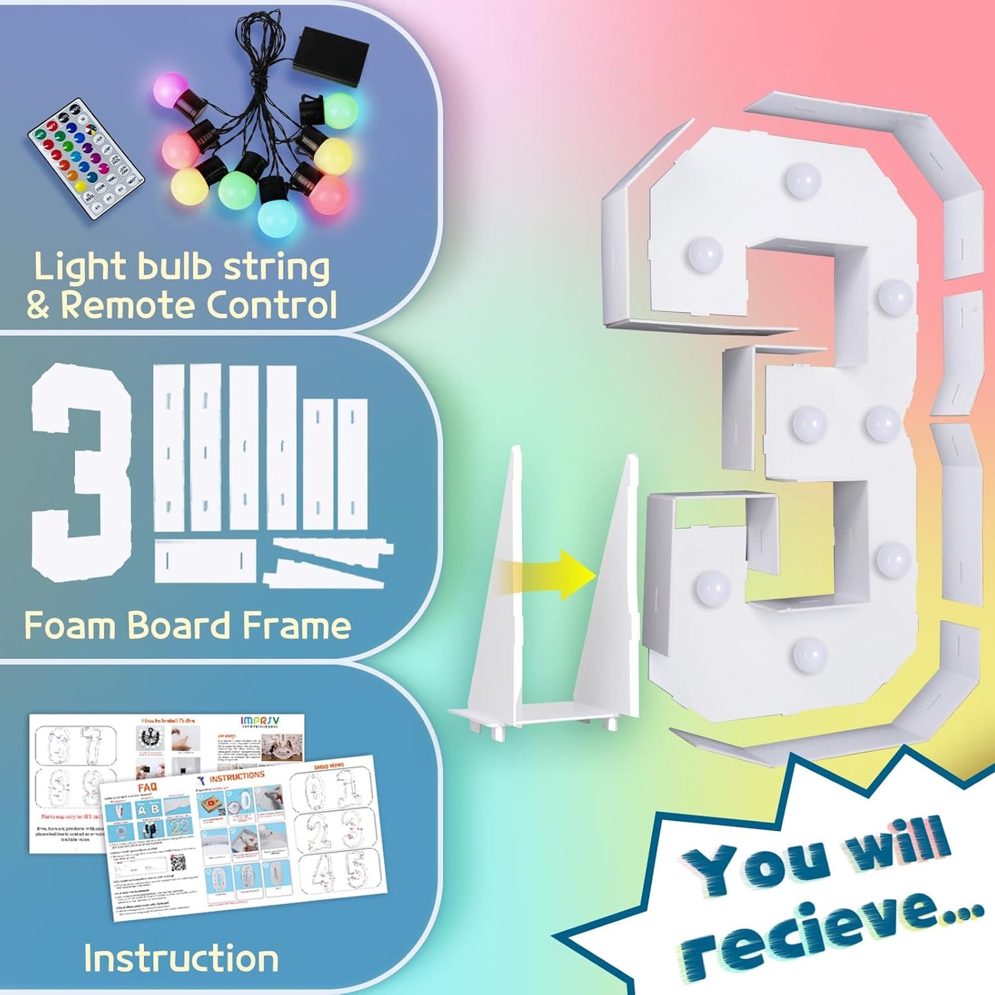 imprsv 3FT Colorful Marquee Numbers,18 Colors Number 3 with Remote, Light Up Numbers Sign for 3rd Birthday Decorations Anniversary Party Decor, Pre-Cut Foam Board Kit, Mosaic Sign for Balloon