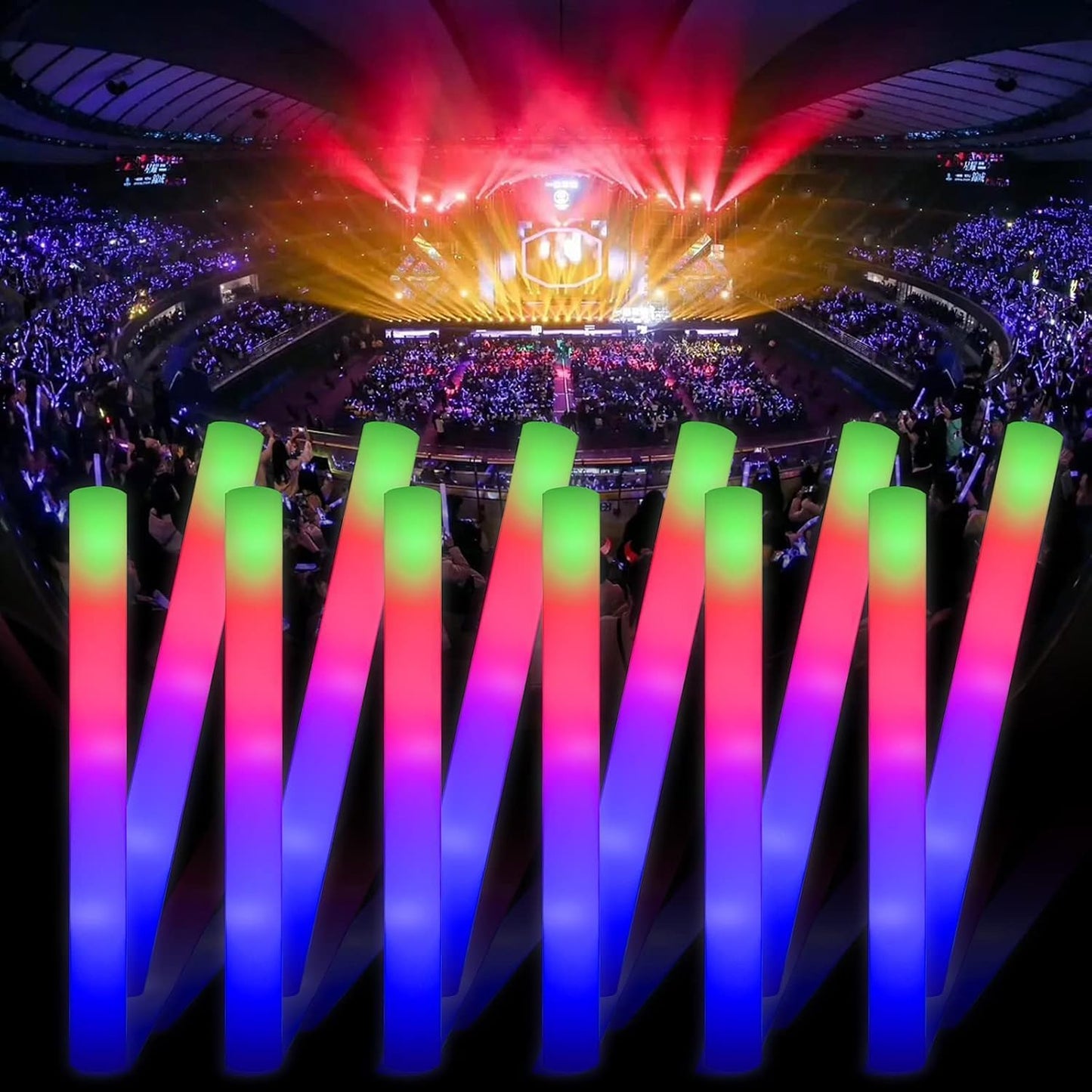 100 + 11 Pack Foam Glow Sticks Bulk Party Pack,Party Favors Supplies,3 Flashing Modes Glow In The Dark Party Supplies,Light Up Foam Sticks for Wendding Raves Camping Outdoor