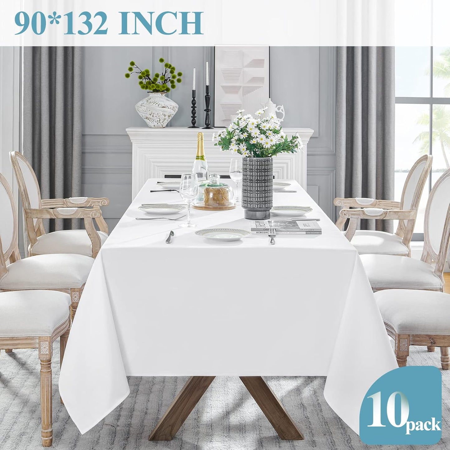 VidaFete Table Cloth 90 * 132inch 10pack Rectangle Tablecloth Polyester, Stain Wrinkle Resistant Polyester Dining Table Cover for Kitchen Dinning Party Wedding Rectangular Tabletop Decoration(White)