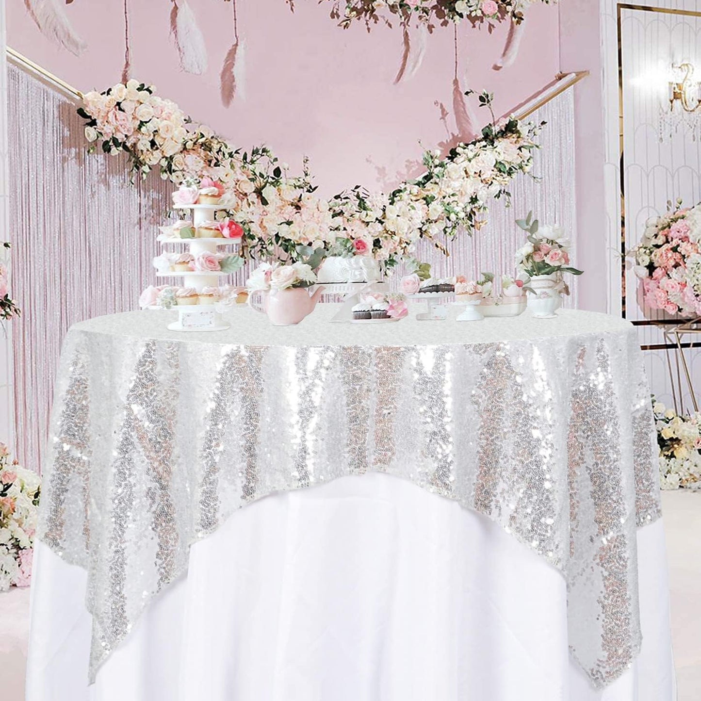ShinyBeauty Sequin Tablecloth Silver 72''x72'' Square Glitter Table Cover Silver Table Cloths for Parties Wedding TableCover Event Decor Sparkley Tablecloth Kitchen Linen
