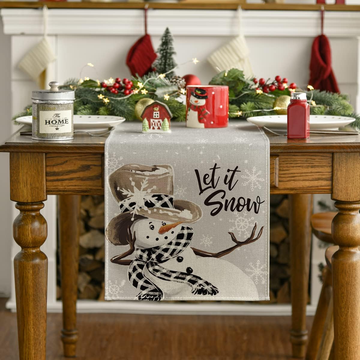 Artoid Mode Grey Snowman Snowflake Let it Snow Christmas Table Runner, Seasonal Winter Kitchen Dining Table Decor for Home Party Indoor 13x90 Inch