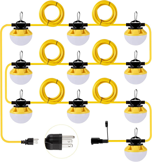 3-Prong 100FT Construction String Lights, IP65 Waterproof ETL Certified String Work Lights, 5000K Daylight 18AWG Wire Linkable Temporary Construction Lighting for Jobsite with 10 Bulbs & Hooks