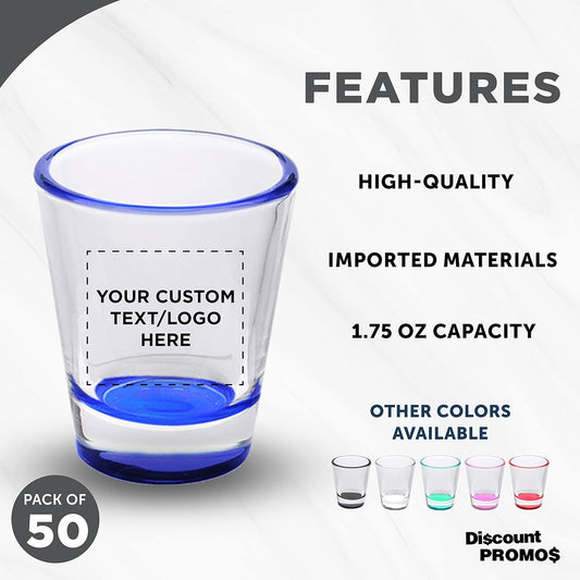 Custom Shot Glasses 1.75 oz. Set of 50, Personalized Bulk Pack - Great for Wedding Favors, Bachelorette Party Decorations, Party Fovors, Color Bottom - Blue