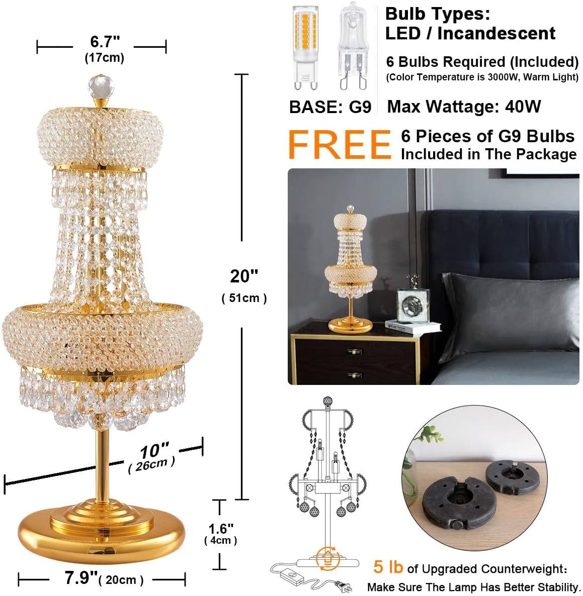 6-Lights Golden Finish Classic Empire Style K9 Crystal Ball Bedside Desk Table Lamp Night Light Fixture for Living Room Dining Room Bedroom Office Home Table Decoration (W 10 × H 22 inch)
