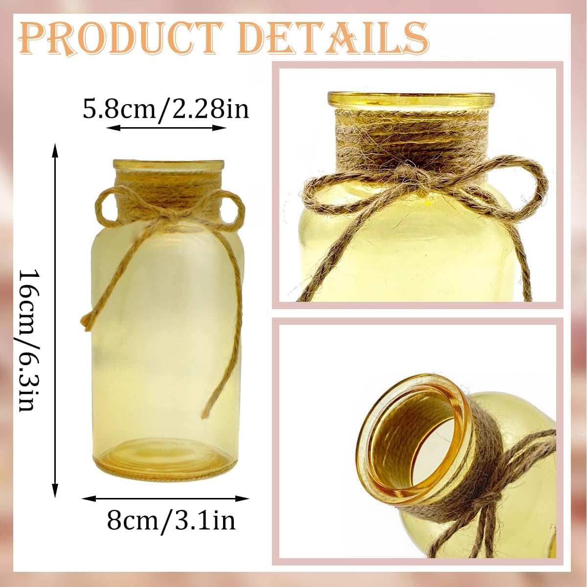 Vintage Glass Flower Vase，6 Pack Gold Amber Farmhouse Glass Centerpiece Vases Mason Jars for Weddings, Parties & Home Decor Bulk (6, Gold)