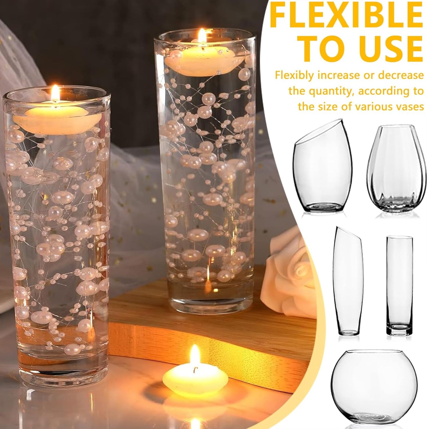 50 PCS Artificial Floating Beads for Centerpieces Vases, Yellow 8+3mm String Beads for Wedding Party Faux Pearl String for Decorating, String Pearls for Crafts Vase Filler