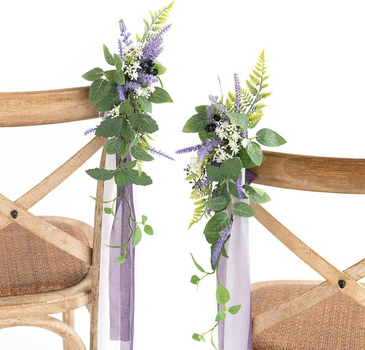 Ling's moment 8pcs Wedding Artificial Aisle Pew Flowers Chair Decorations Arrangements with Chiffon Ribbons Lavender Purple for Ceremony Chair Back Floral Decor Reception Church Party Outdoor