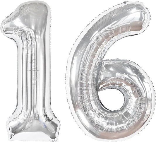 40 Inch Silver Mylar Foil Number 16 Birthday Balloon, Digital Balloons for 16 Boy Girl Party Decorations Supplies, Big Helium Balloon Numbers for 16 61 Men Women Anniversary