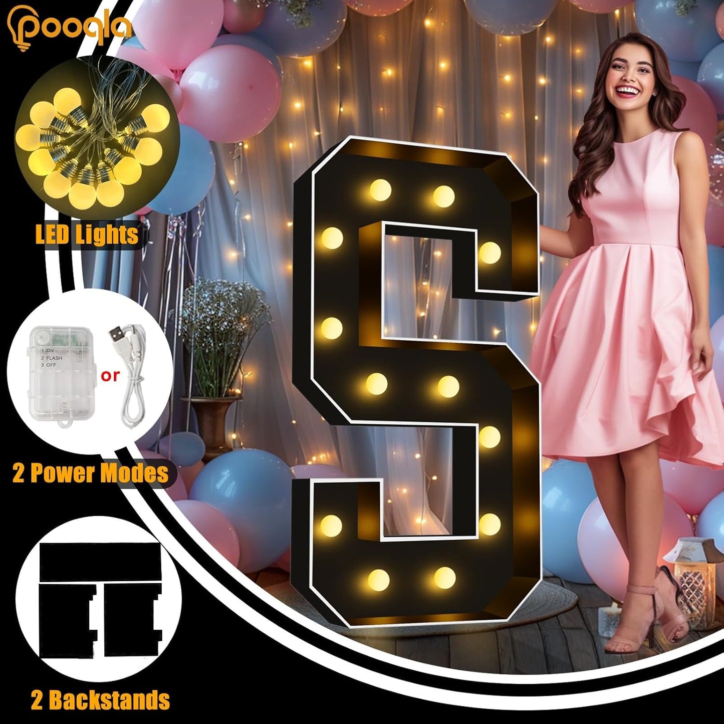 Pooqla 4 FT Marquee Light Up Letters, Giant Letter Sign Black Marquee Letter Lights 4 Feet Tall, Big Mosaic Letters for Balloons Birthday Party Anniversary Wedding Decorations, Warm White Letter C