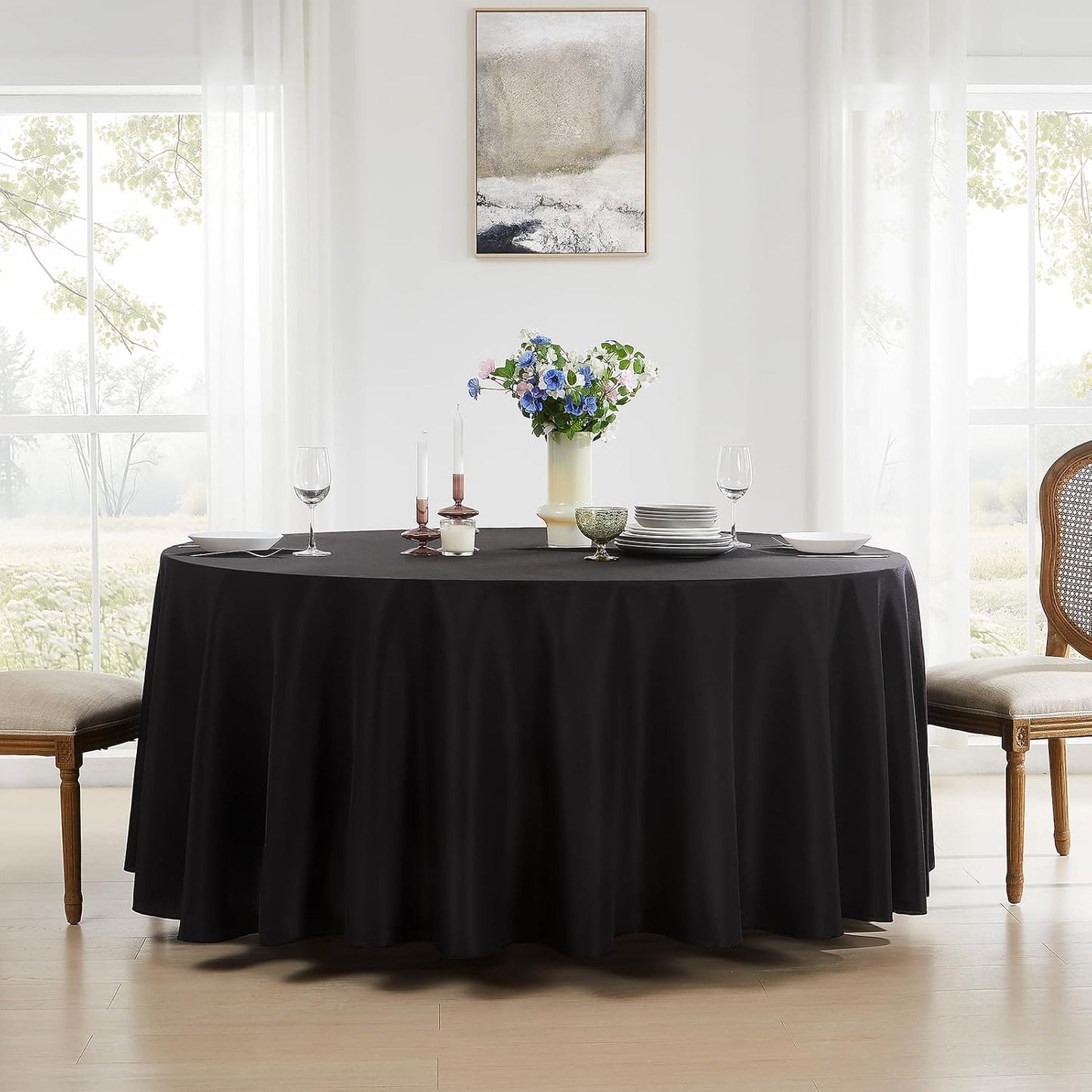 Round Tablecloth 132 Inch 2 Pack Black Tablecloths Washable Decorative Linen Polyester Table Clothes Cover for Dining Table Banquets Buffet Parties and Wedding