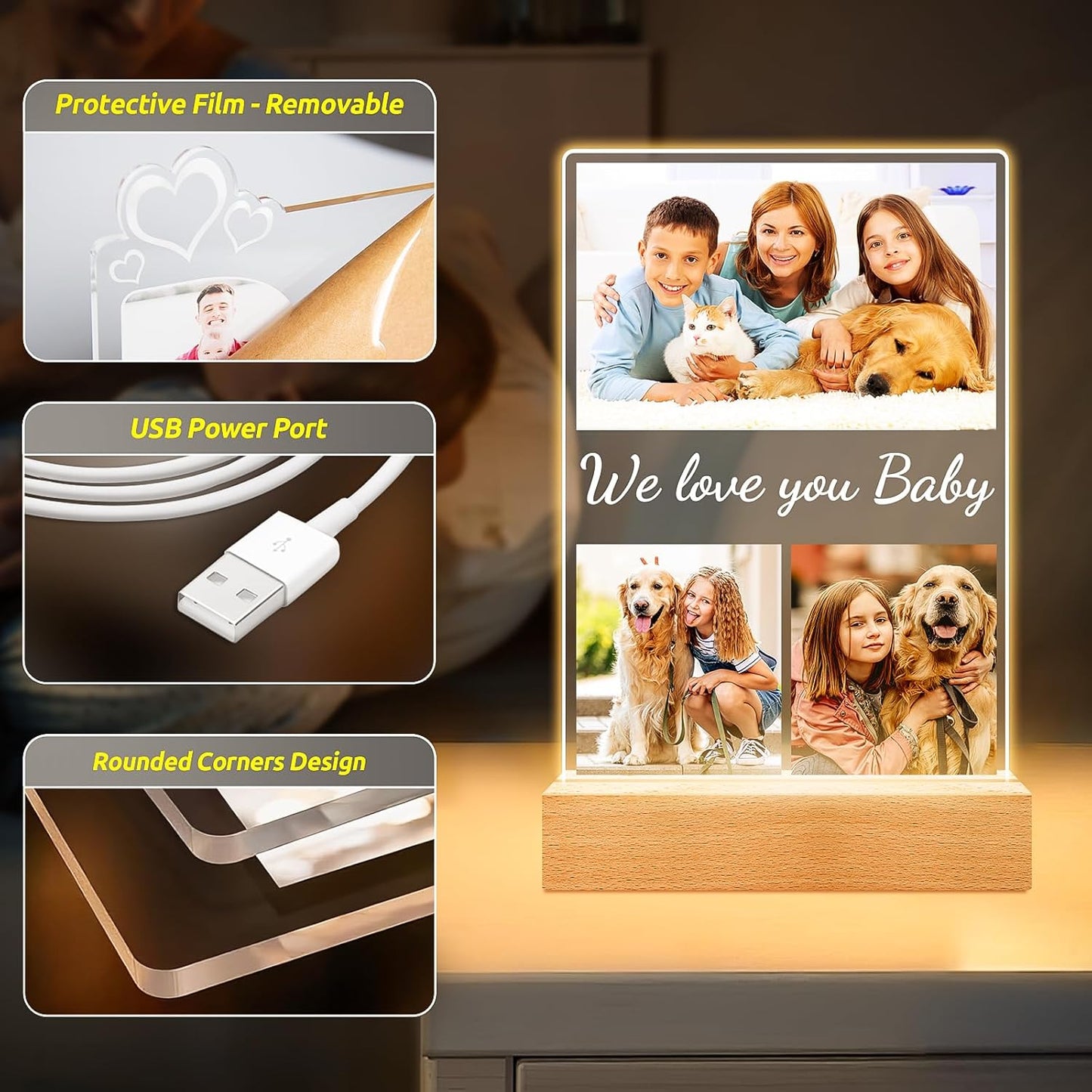 Custom Collage Picture Frames with Photos, Personalized Photo Frame with Night Light, Customized Birthday Photo Gifts for Baby Kids Girls Boys Pet Friends Family